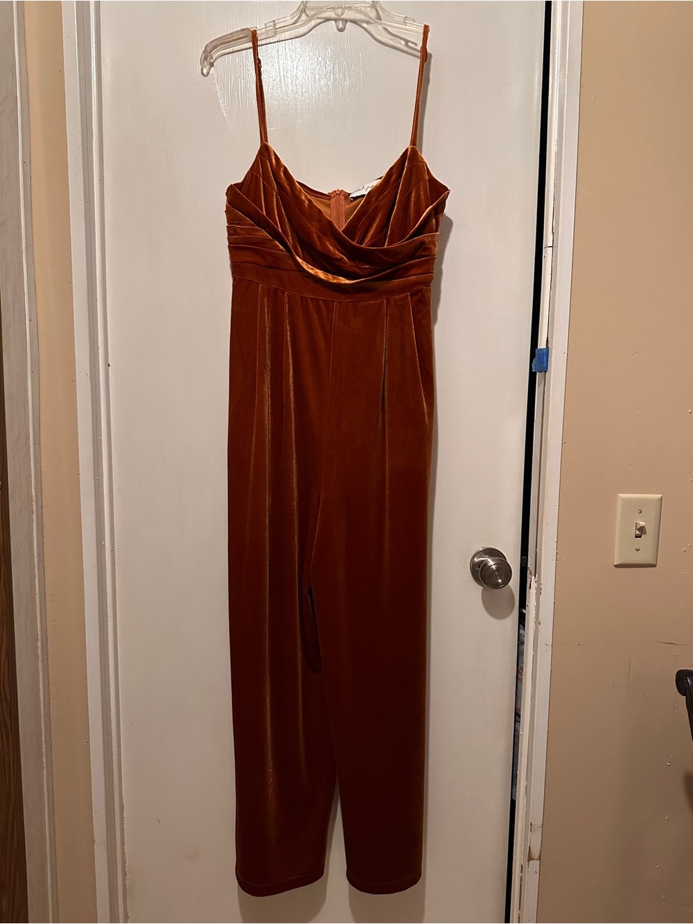 EUC Petal and Pup Velvet V Neck Jumpsuit in Rust